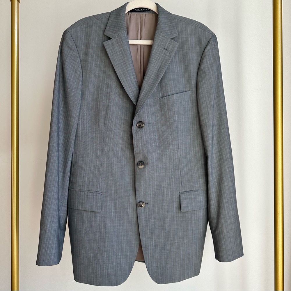 Hugo Boss Mens Wool Jacket 40R Gray Check Sport Coat Super 140 Vintage Made USA.